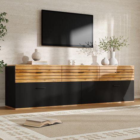Mobile TV, supporto per TV con 2 ante, 3 cassetti, lunghezza 168 cm, ripiano per TV fino a 65 pollici, per soggiorno, sala da pranzo, camera da letto, colore legno + nero, motivo a onde, 168x38x59 cm (1/5)