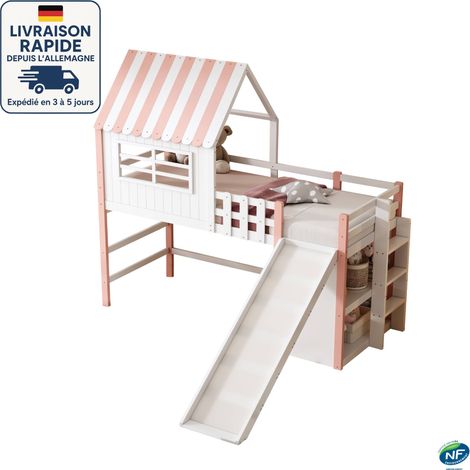 MODFU - Cama alta infantil de madera 90×200cm con estantes y tobogán, cama alta, protección anticaídas, sin colchón, blanco+rosa (1/5)