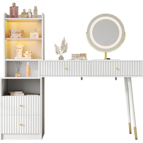 Coiffeuse avec miroir LED 3 couleurs, 4 tiroirs, blanc 100x40x125 cm (1/5)