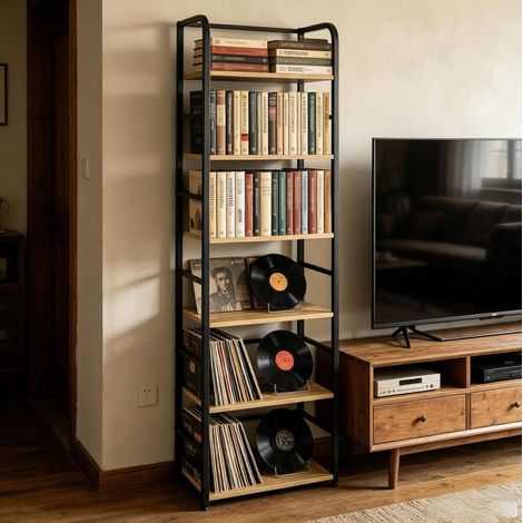 Libreria 50x30x176 cm nero e rovere chiaro in MDF e metallo con 6 ripiani e piedini regolabili (1/4)