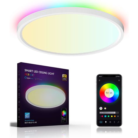 Plafonnier intelligent LED RGB+CCT 12 pouces (30,5 cm) C90-240V 24W, compatible sans fil et Bluetooth, double connexion, application mobile, commande vocale, 16 millions de couleurs, 24 LED intégrées (1/5)