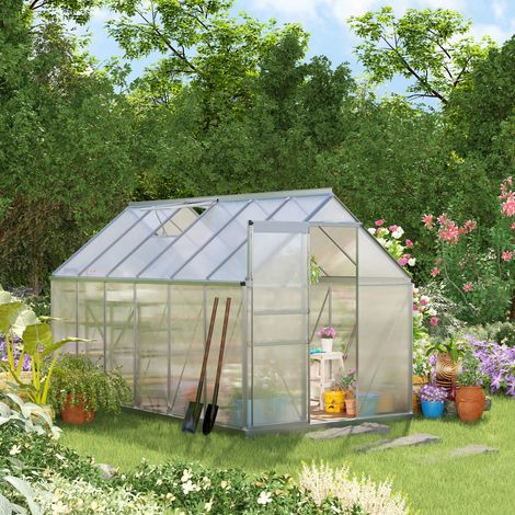Outsunny Polycarbonat-Gewächshaus 7,1 m² (1,9 m x 3,75 m x 1,99 m) mit Fundament, verstellbarer Dachlüftung und Schiebetür – Silber und Transparent
