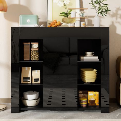 Buffet aus Spanplatte Schwarz 95 x 35 x 83 cm mit Hochglanzfront, Tür und Glasböden (1/5)