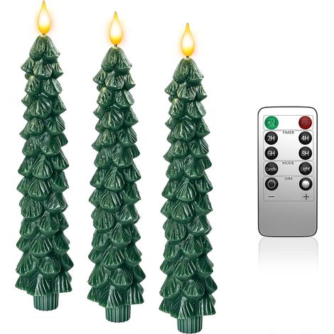 Lot de 3 bougies LED pour sapin de Noël avec fonction minuterie et télécommande, vert en cire véritable, flamme vacillante pour l'hiver, la maison, le sapin de Noël, coffret cadeau (1/5)