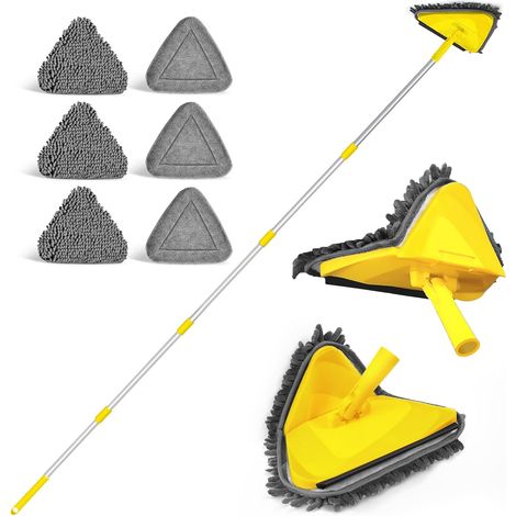 360° Rotating Cleaning Mop with Triangular Ceiling Mop with 202 cm Long Handle, Latest Design 180° Foldable Mop with 6 Microfibre Chenille Pads for Wall, Ceiling (Yellow) (1/5)