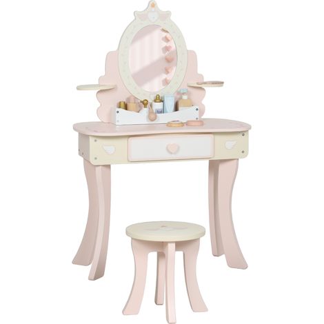 Kinderschminktisch, Stuhl, Schublade, abnehmbarer Spiegel, Kinderschreibtisch mit 7 Zubehörteilen, 2-in-1 Design, MDF, Rosa