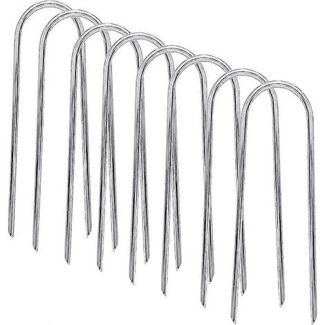 Lot de 8 piquets de sécurité en acier galvanisé, robustes, en forme de U, avec extrémités pointues, pour trampolines, buts de football, tentes de camping et décorations de jardin. (1/2)