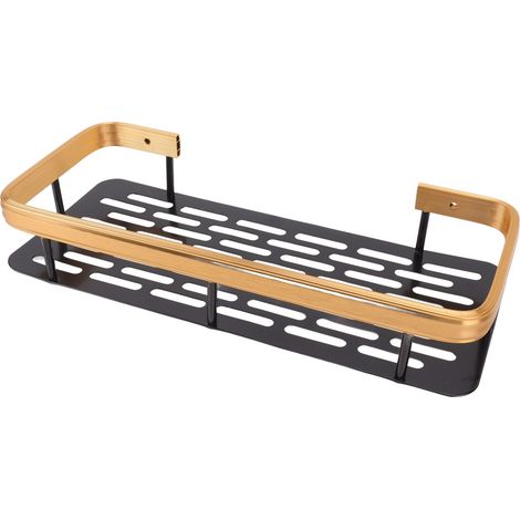 Robustes, rostfreies Duschregal aus Aluminium, einstöckig, selbstklebend, für Bad, Schlafzimmer und Küche, schwarz-gold (1/5)