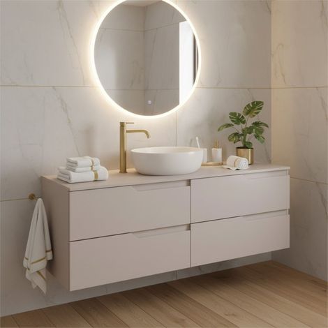 Meuble de salle de bain suspendu 120 cm, beige, plan de toilette, 4 tiroirs, façades en MDF, sans vasque – MODERN (1/5)