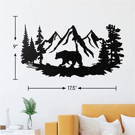 art mural en métal ours et montagne, décoration murale noire silhouette art mural décoration murale (1/2)