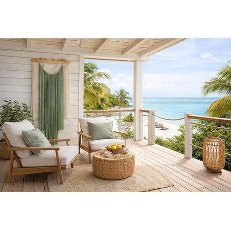 Tapiz de macramé bohemio de 40x120 cm, Tapiz tejido a mano con varilla de madera, dormitorio o casa de playa, Verde y marfil (1/5)