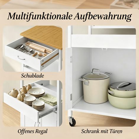 Îlot de cuisine mobile en MDF effet bambou et blanc avec roulettes 60x45x92 cm (1/5)