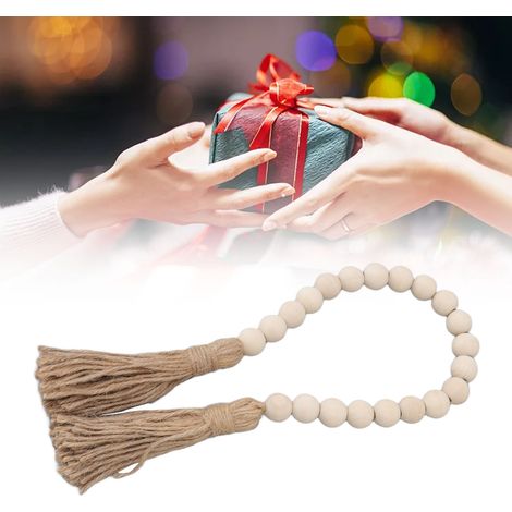 Collier de perles en bois naturel fait main avec franges - Décoration murale ou cadeau artisanal pour maison bohème et ferme (1/5)