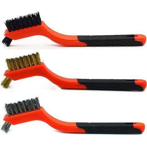 Ensemble de 3 brosses métalliques à manche incurvé, tête de brosse en laiton/nylon/acier inoxydable, brosse anti-rayures pour le nettoyage des taches de transpiration, de la rouille et le nettoyage en (1/5)