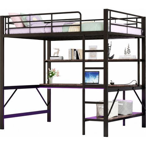 Letto a soppalco 140x200 cm nero con scrivania, scaffali multilivello, luce ambientale RGB, presa USB e alimentazione, scala e protezioni – CHICFURN (1/5)