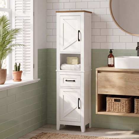 Colonne de salle de bain haute étroite 34,5x30x148 cm, tiroir, étagères ouvertes et réglables, portes, couleur blanc style rustique