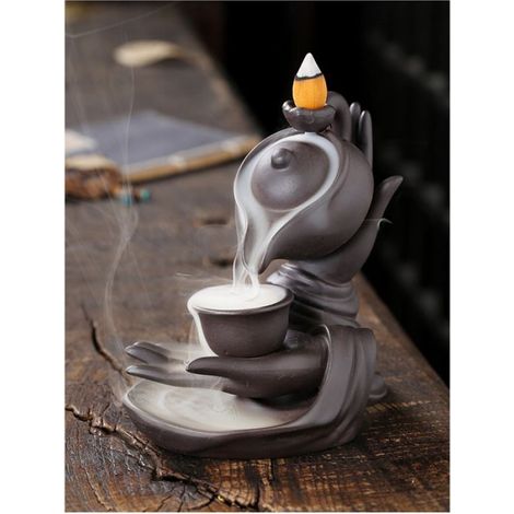 Brûleur d'encens à reflux en cascade, pot suspendu noir + porte-tasse à thé en céramique, diffuseur d'arômes à fumée fluide et mys,p (1/5)