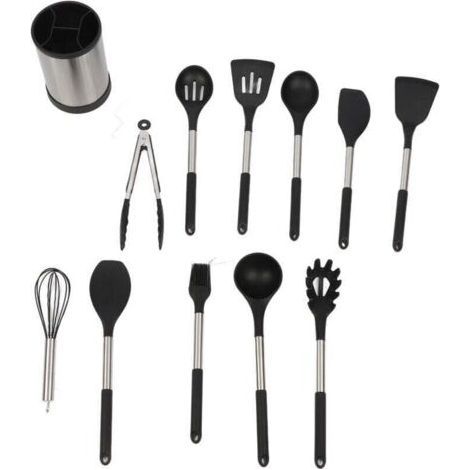 Set mit 12 Küchenutensilien aus Silikon mit Griffen, hitzebeständig, antihaftbeschichtet, bestehend aus Pfannenwender, Löffel und Sieb. (1/4)