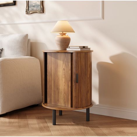Mesa auxiliar redonda con puerta corredera y almacenaje 48 x 48 x 65 cm nogal OKMYHOME (1/5)