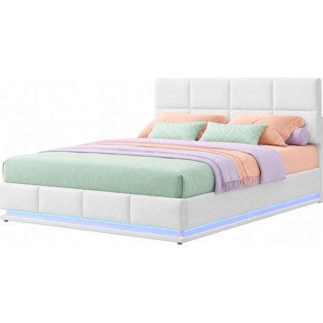 Lit coffre LED 180x200 cm avec rangement hydraulique, tête de lit réglable, revêtement en cuir régénéré blanc, sommier à lattes et double adulte  CHICFURN (1/5)