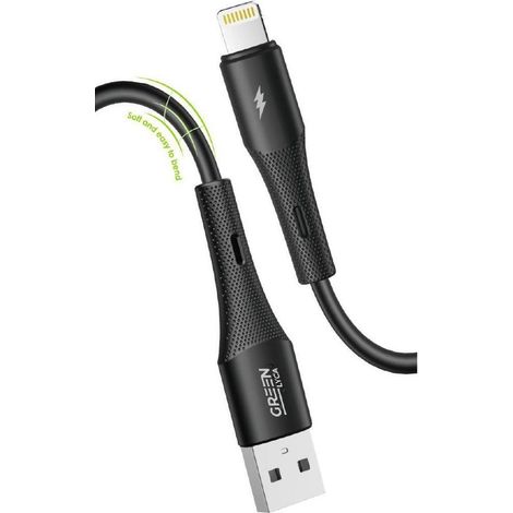 Câble USB-A vers Lightning Green Lyca G-1085, 2 m, charge 2,4 A, silicone liquide - Noir (1/2)