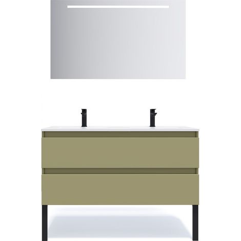 Meuble de salle de bain suspendu double vasque intégrée 120cm 2 tiroirs Vert olive + miroir - Hudson (1/5)