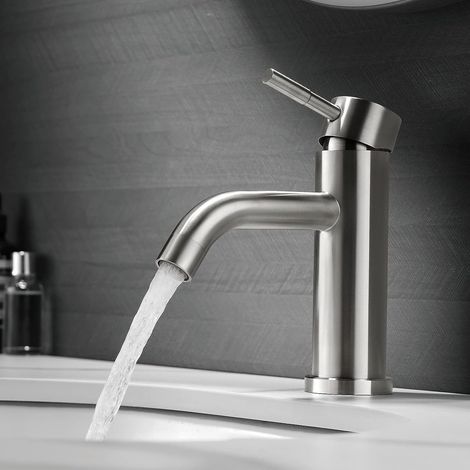 Kaelt - Robinet de salle de bain, bec 45°, mitigeur de lavabo, chaud et froid réglable, robinet de lavabo en acier inoxydable (1/5)