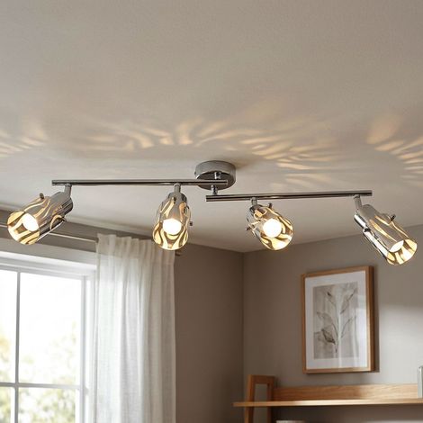 Faretto da soffitto plafoniera soggiorno spot bar, faretti orientabili, vetro cromato opale, 4x prese E14, LxH 69x12,5 cm