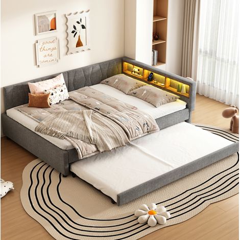 DESVIAE Daybed canapé lit gigogne 140 x 200 cm avec rangements en tête de lit USB Type C LED multicolore tissu lin gris (1/5)