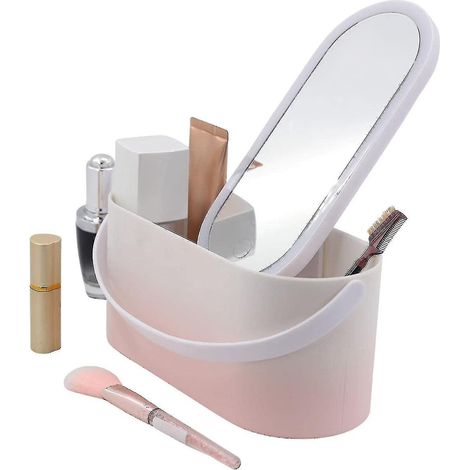 Boîte de rangement pour maquillage avec miroir et lumière LED, organisateur de maquillage portable pour les voyages avec lumière tactile, rose et blanc. (1/5)