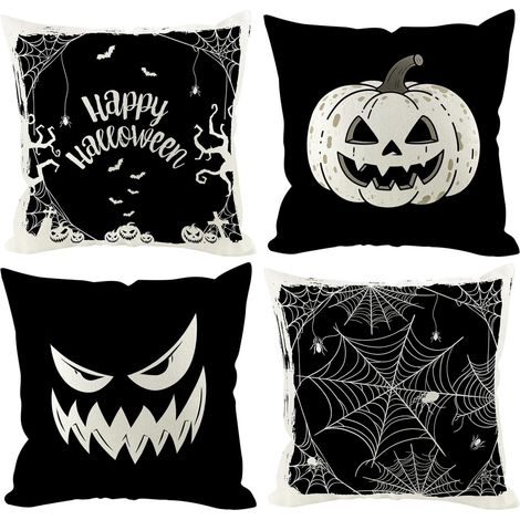 Fundas de cojín decorativas de Halloween de 45 x 45 cm (juego de 4). Decoraciones espeluznantes para fiestas, estilo rústico, para la sala de estar o exteriores. (1/4)