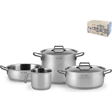 H&H by Bruno Barbieri, Batteria di Pentole, Acciaio Inox 18/10, Set 6 Pezzi, Casseruola, Tegame, Bollilatte con Coperchi, Triplo Fondo, Adatto a tutti i Piani Cottura (1/4)