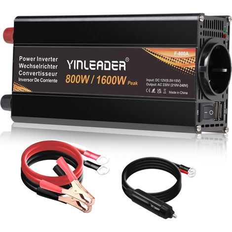 Convertisseur 12V vers 230V 800W /1600W Crête, Onduleur Voiture avec 1 Prise Secteur EU et 2 Ports USB-A Adaptateur de Tension pour Camping, Voiture, Camion, Voyage, Bureau Mobile (1/5)