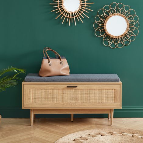 Banc à chaussures AMANA cannage et décor bois L100cm (1/5)