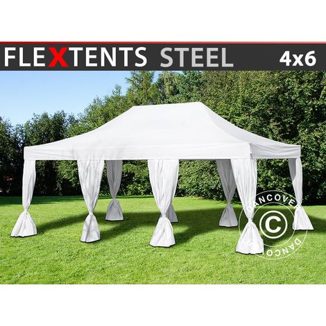 Faltzelt FleXtents Steel 4x6m Weiß, mit 8 Gardinen