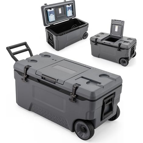 Glacière, Poignées et Roulettes Transport, Glacière Portable de 70L, Orifice de Sortie, Emplacement du Gobelet, Garder la Glace Jusqu'à 6 Jours, Gris (1/5)