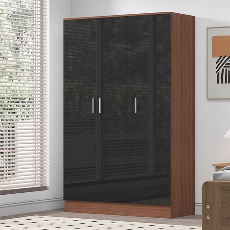 Reflect 3 Door Plain Wardrobe - Black Gloss & Walnut -Hanging Rail & 4 Shelves - Modern Design