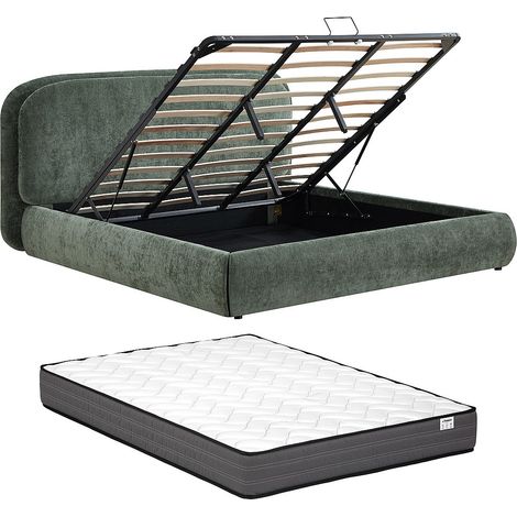 Lit coffre 160 x 200 cm – Tissu texturé – Vert + Matelas – ZORIMA