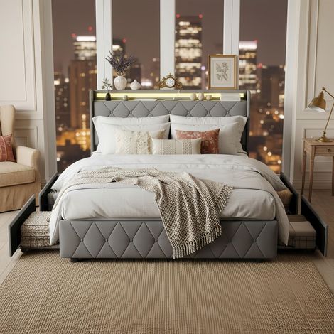 Betten mit Bettkästen 160x200, Doppelbett mit großen Aufbewahrungsschubladen – USB-Anschlüsse und LED – Lattenrost – Design, Grau (1/5)