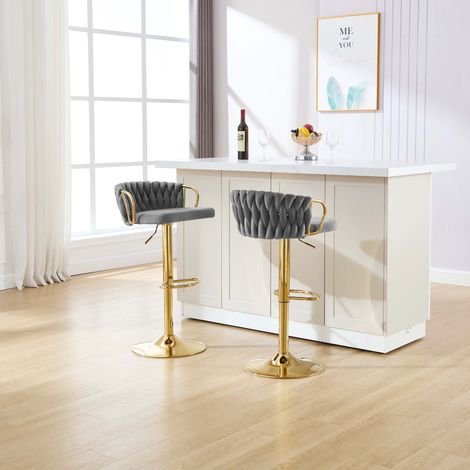WOLTU Barhocker 2er Set, höhenverstellbarer Barstuhl, Drehstuhl mit geflochtener Rückenlehne Fußstütze, Barstuhl 360° drehbar, Tresenstuhl mit Samt und Metallrahmen, Dunkelgrau (1/5)