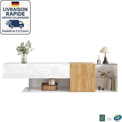 Mobile TV MODFU con contenitore, ripiani in vetro, 2 ante, mobile basso per soggiorno e camera da letto, 180×38×48cm, bianco+naturale (1/5)