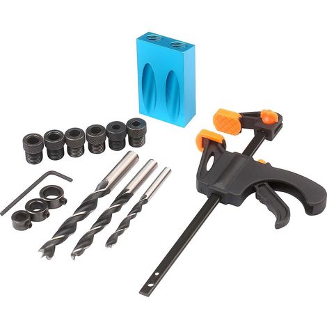 Gabarit de perçage pour trous de poche (14 pièces : 8 mm, 10 mm, angle de 15°) – Outil de travail du bois – Gabarit de perçage angulaire – Jeu de 15 pièces – Bleu