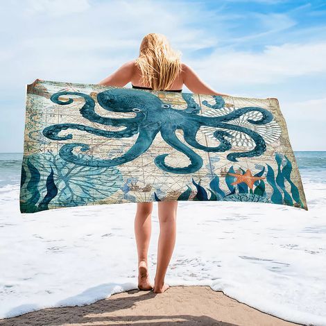 Ensemble de serviettes de plage en microfibre, extra large, séchage rapide, douces, anti-sable, 76 x 152 cm, pour enfants, femmes et hommes, piscine, natation, plage, accessoire indispensable (poulpe) (1/5)