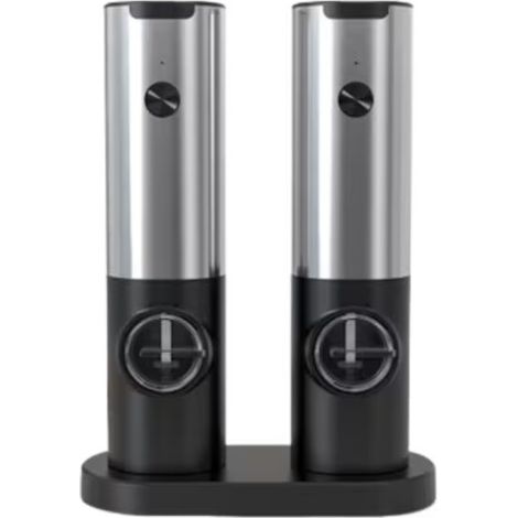Set of 2 Electric Salt and Pepper Grinders, Plastic, Charging Stand, LED Light, Black (1/4)