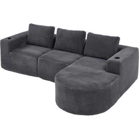 3-Sitzer-Ecksofa aus dunkelgrauem Stoff mit 3 Kissen und 2 Becherhaltern MODENUIT (1/5)