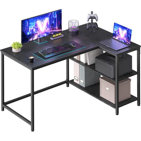Bureau Gaming en L, Bureau avec Rangement, Étagères Réversibles à Hauteur Réglable, pour Domicile, 110 x 80 cm, Noir Boisé LWD135BE01 (1/5)