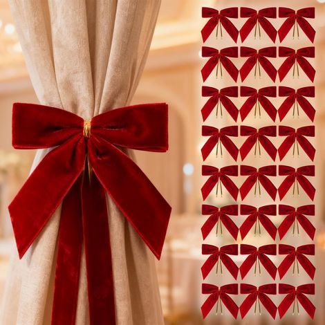 Set mit 24 Vintage-Weihnachtsschleifen aus rotem Samt, luxuriöse rote Samtschleifen für Weihnachtsbäume, Geschenkschleifen für Kränze, Dekoration für drinnen und draußen, Geschenkverpackung für Partys (1/5)