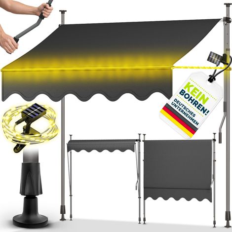 tillvex Klemmmarkise 400 cm Anthrazit mit LED mit Handkurbel Balkon Balkonmarkise ohne Bohren Markise UV-beständig & höhenverstellbar Sonnenschutz wasserdicht