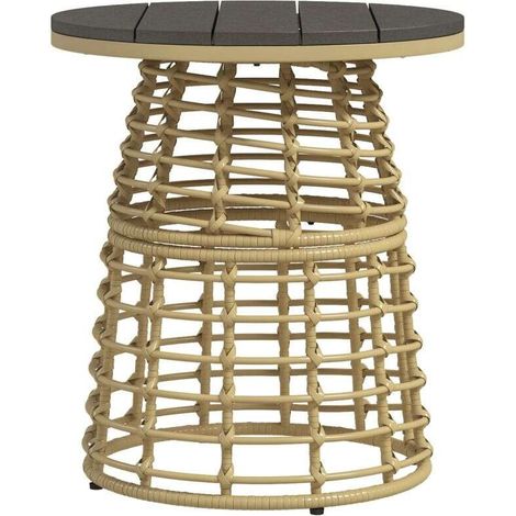 Table basse ronde extérieur en résine aspect rotin et structure métallique, plateau composite résistant, dimensions Ø45 × 50 cm, parfait pour jardin, balcon et terrasse