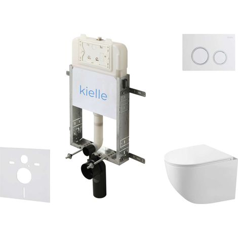 kielle Genesis New - Conjunto de instalación empotrada, inodoro compacto Gaia Rimless, asiento soft-close y pulsador Gemini New I, blanco brillante/cromo 30528SZ85